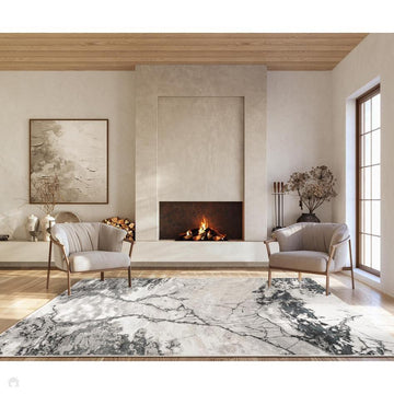 Elysium Huracan ELY03 Modern Abstract Distressed Metallic Shimmer Soft Textured Velvet Touch Polyblend Low Profile Short Pile Stone Grey/Graphite Grey/Charcoal Black/Pewter/Ivory/Silver Sheen Rug-Desire Rugs-Rug Love - The Most Loved Rug Store